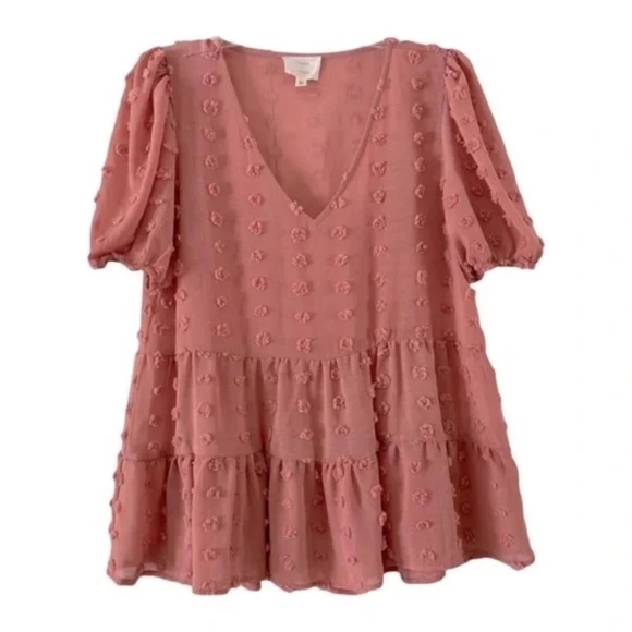 Flower & Feather | Pink Boho Textured Swiss Dot Tiered Peasant Top, Medium - Picture 1 of 5